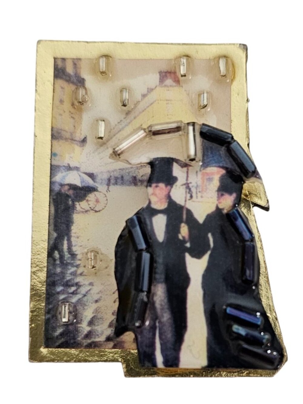 Couple Under Umbrella Glass Bead, Resin Brooch Pendant Signed Bonnie Kondor L639